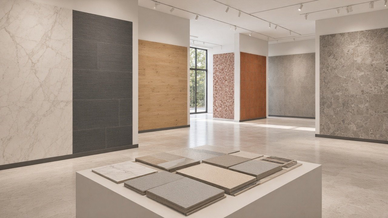 Ausstellung im Showroom: verschiedene Fliesenwände in Marmor, Stein, Holz und Terrakotta