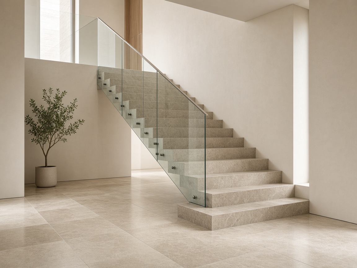 Treppe mit rutschfesten Fliesen in Steinoptik